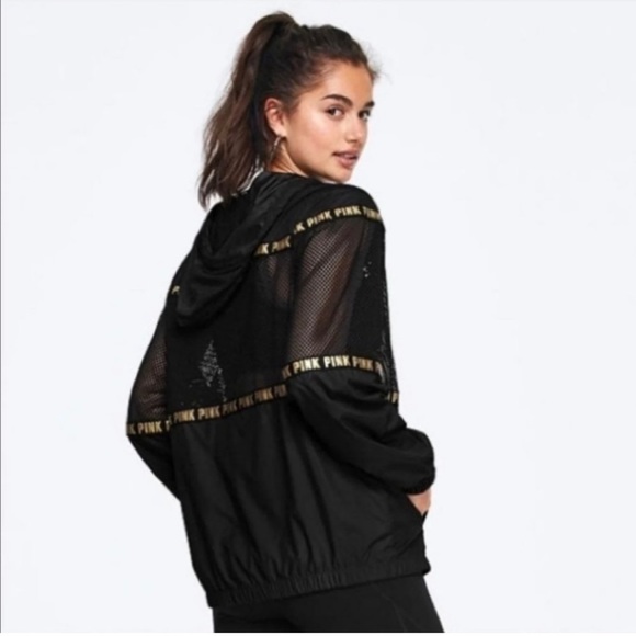 Victoria’s Secret Pink Black and Gold Oversized Mesh Zip-up Jacket - Picture 1 of 8